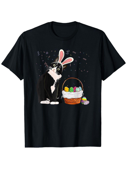 Men's Graphic T-Shirt Confetti Sprinkles With Cute Cat Wearing Bunny Ears Beside Easter Basket