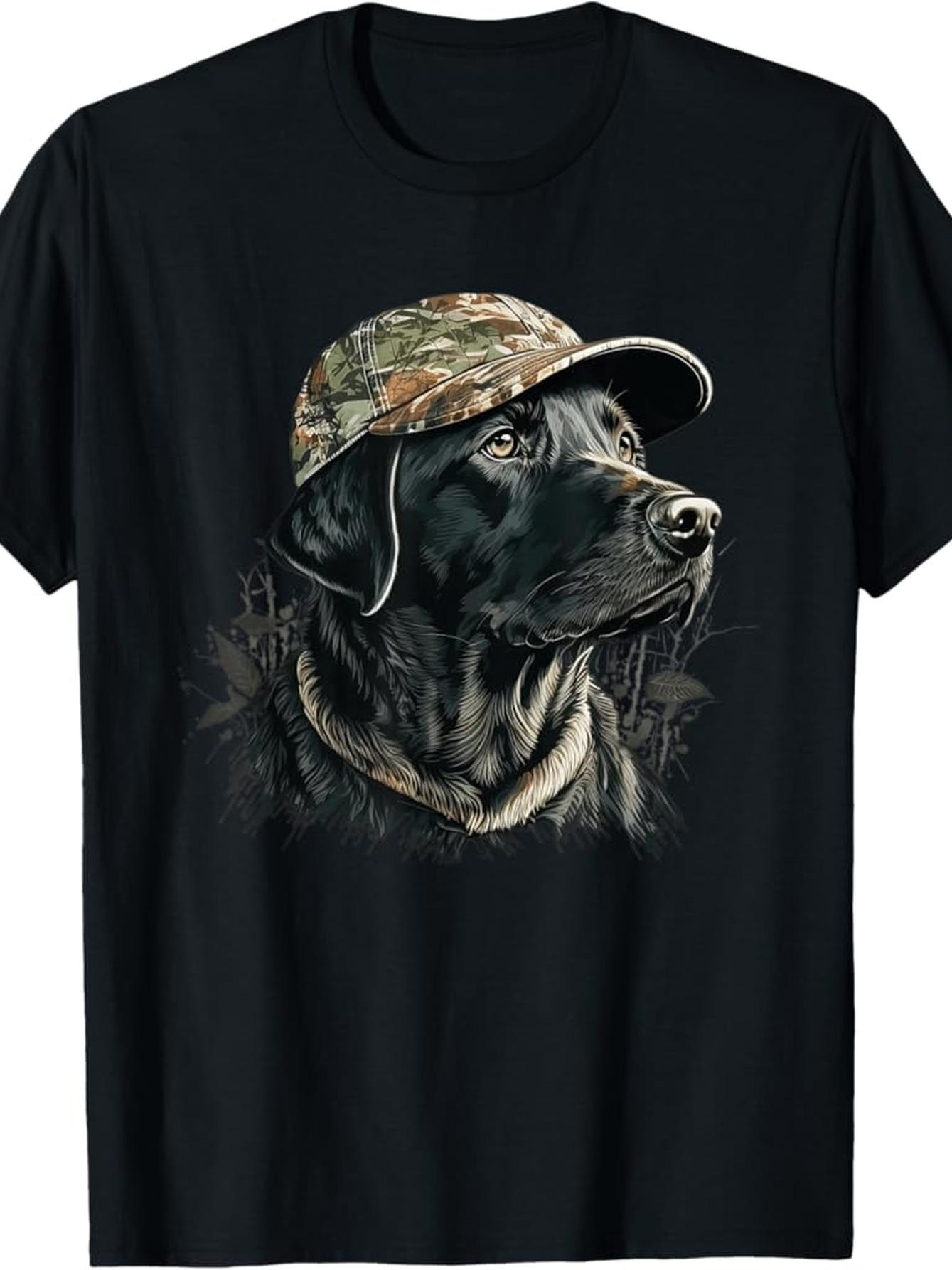Men's Graphic T-Shirt Realistic Hunting Themed Black Labrador Dog Wearing Camo Cap