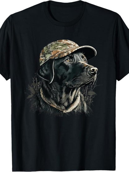 Men's Graphic T-Shirt Realistic Hunting Themed Black Labrador Dog Wearing Camo Cap