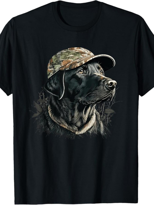 Men's Graphic T-Shirt Realistic Hunting Themed Black Labrador Dog Wearing Camo Cap