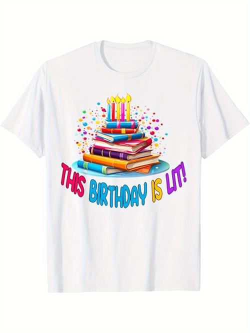 Men's Graphic T-Shirt This Birthday Is Lit Colorful Confetti With Birthday Cake And Stacked Books