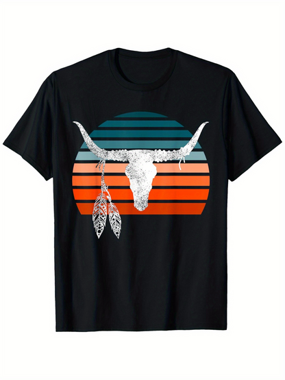 Men's Graphic T-Shirt Vintage Striped Sunset With Skull And Feathers Dreamcatcher Steer Head