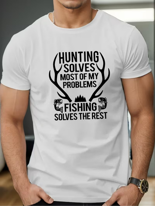 Men's Graphic T-Shirt Hunting Solves Most Of My Problems Fishing Solves The Rest Antlers With Wildlife Elements