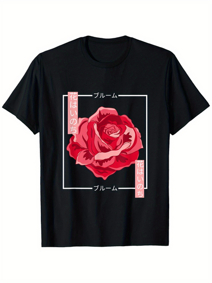 Men's Graphic T-Shirt Vivid Red Petals With Minimalist Lines Surrounding A Blooming Rose