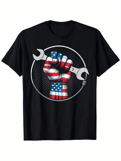Men's Graphic T-Shirt Patriotic Hand Holding Wrench With Flag Motif Circle Background