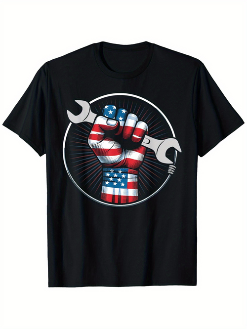 Men's Graphic T-Shirt Patriotic Hand Holding Wrench With Flag Motif Circle Background