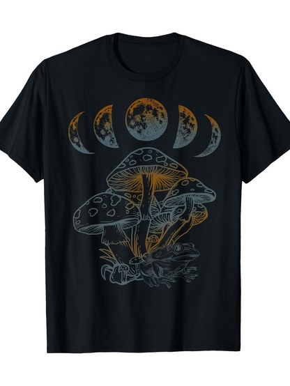 Men's Graphic T-Shirt Celestial Moon Phases Above Glowing Forest Mushrooms In Nighttime Scene Mushroom