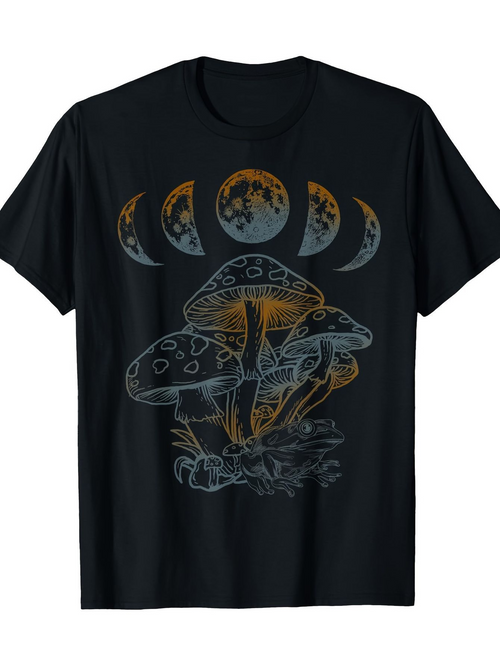 Men's Graphic T-Shirt Celestial Moon Phases Above Glowing Forest Mushrooms In Nighttime Scene Mushroom