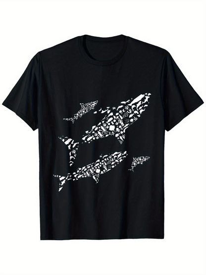Men's Graphic T-Shirt Geometric Patterns Forming Whales Swimming In Deep Ocean Water Shark