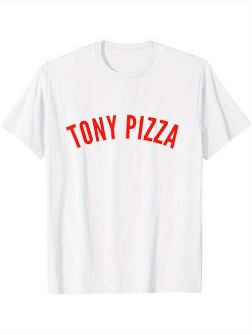 Men's Graphic T-Shirt Tony Pizza Bold Red Letters Simple White T Shirt