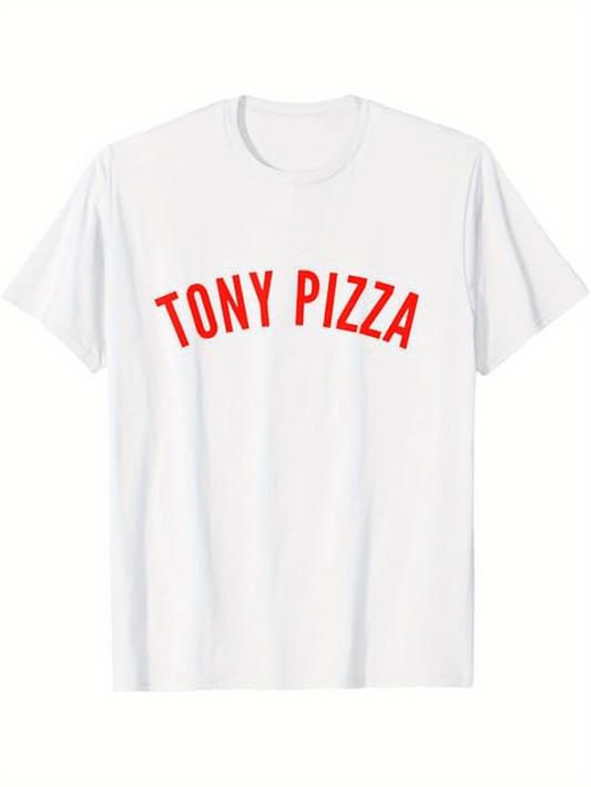 Men's Graphic T-Shirt Tony Pizza Bold Red Letters Simple White T Shirt