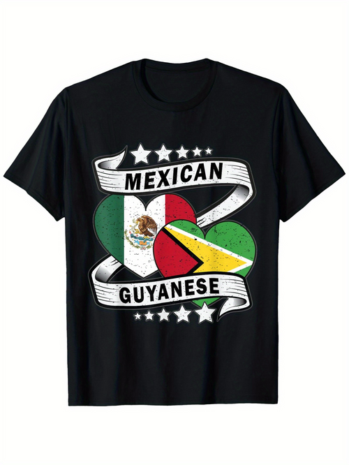 Men's Graphic T-Shirt Mexican Guyanese Heritage Ribbon With Heart Shaped National Flags