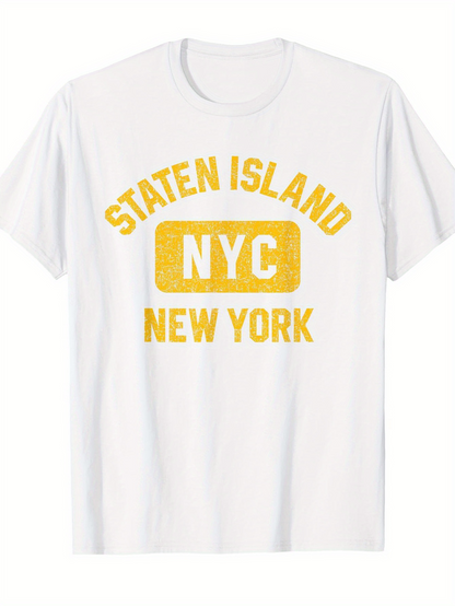 Men's Graphic T-Shirt Staten Island NYC New York Worn Vintage Print With Block Letters