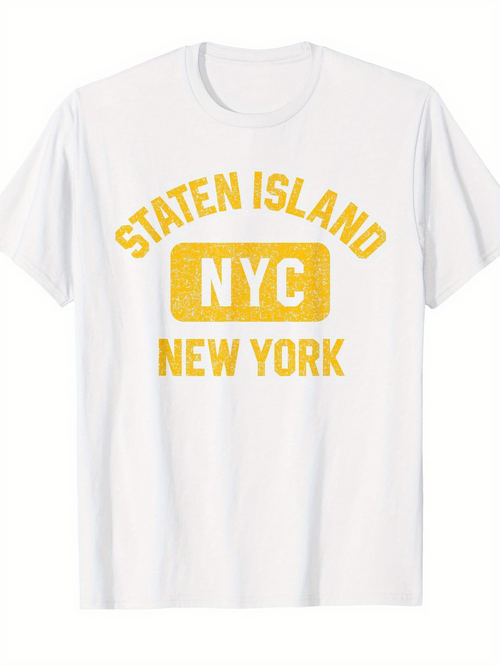 Men's Graphic T-Shirt Staten Island NYC New York Worn Vintage Print With Block Letters