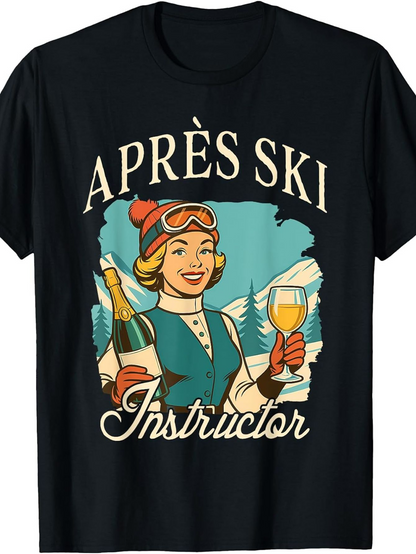 Men's Graphic T-Shirt Après Ski Instructor With Snow Mountains Champagne Glass Bottle Smiling Character