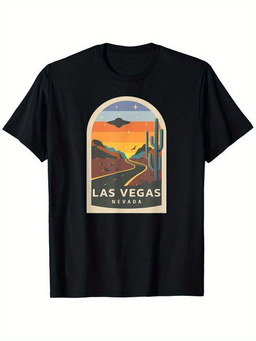 Men's Graphic T-Shirt Las Vegas Nevada Sunset Road With Mountains And Tall Cactus Scene