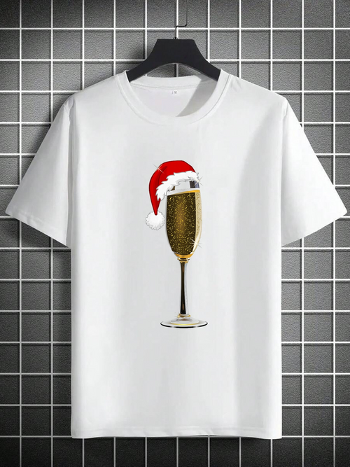 Men's Graphic T-Shirt Festive Holiday Cheer With Santa Hat On Sparkling Glass