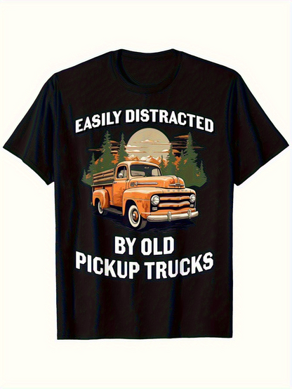 Men's Graphic T-Shirt Easily Distracted By Old Pickup Trucks Forest Sunset Behind Vintage Orange Pickup Truck