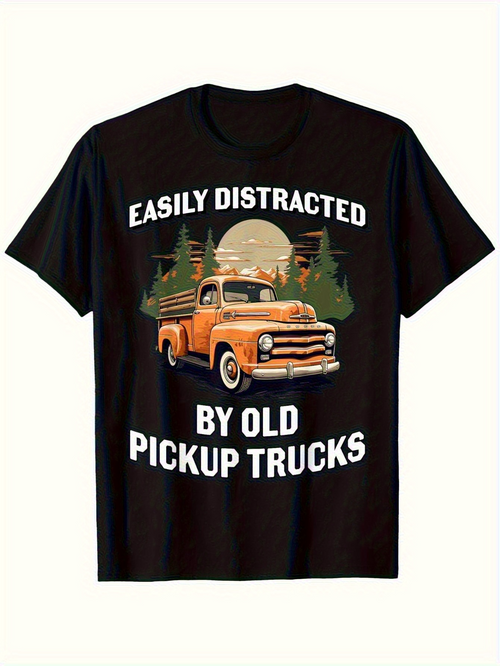 Men's Graphic T-Shirt Easily Distracted By Old Pickup Trucks Forest Sunset Behind Vintage Orange Pickup Truck