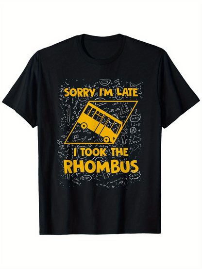 Men's Graphic T-Shirt Sorry Im Late I Took The Rhombus Yellow School Bus Surrounded By Geometric Doodle Patterns