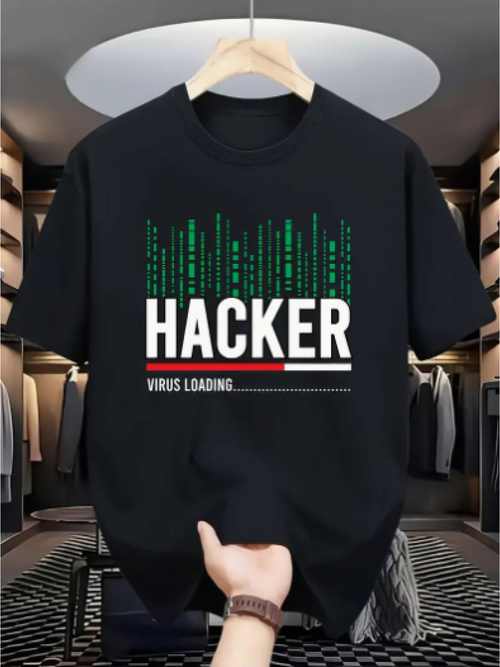 Men's Graphic T-Shirt Hacker Virus Loading Digital Matrix Code Among Rising Data Bars