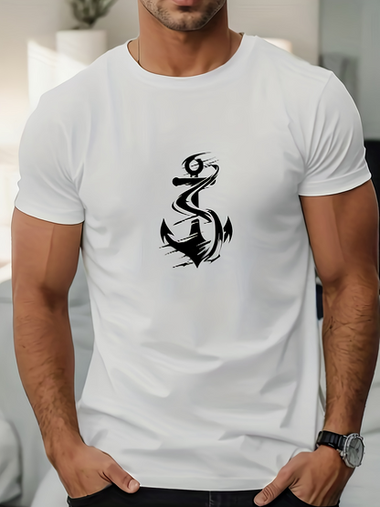 Men's Graphic T-Shirt Modern Abstract Waves With Nautical Anchor Design Anchor