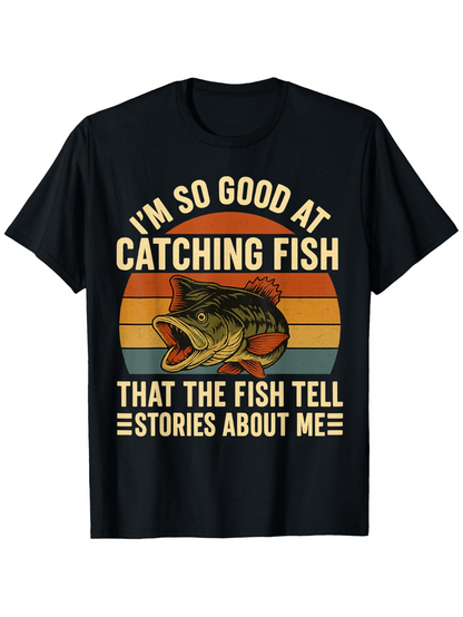 Men's Graphic T-Shirt Im So Good At Catching Fish Vintage Sun With Striped Background And Largemouth Bass Fish