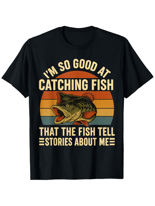 Men's Graphic T-Shirt Im So Good At Catching Fish Vintage Sun With Striped Background And Largemouth Bass Fish