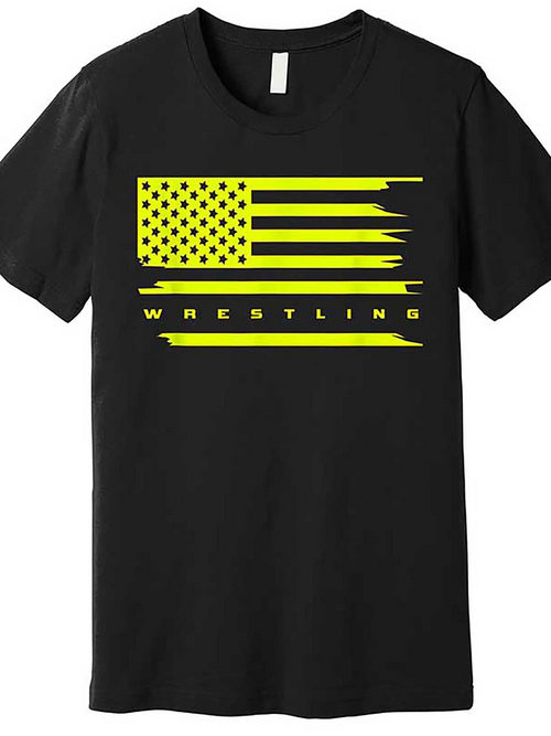 Men's Graphic T-Shirt Distressed Neon Yellow American Flag With Bold Wrestling Text Under The Flag