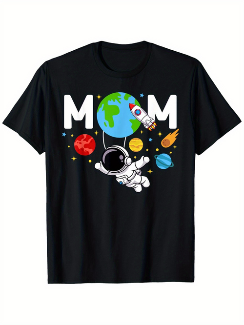 Men's Graphic T-Shirt MOM With Astronaut Floating Surrounded By Colorful Cartoon Planets And Spaceship