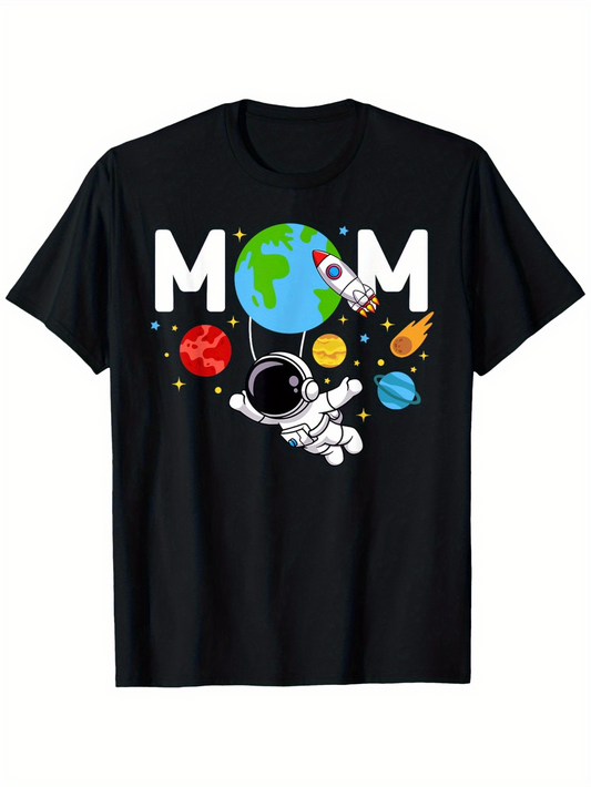 Men's Graphic T-Shirt MOM With Astronaut Floating Surrounded By Colorful Cartoon Planets And Spaceship