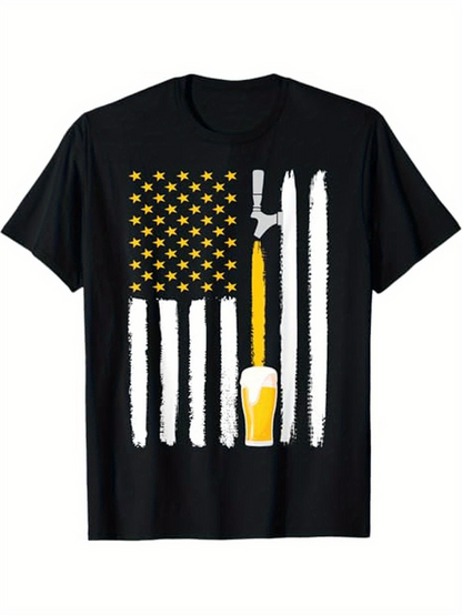 Men's Graphic T-Shirt Yellow Beer Glass Among American Flag Brushstroke Graphic