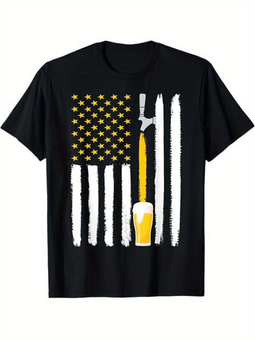 Men's Graphic T-Shirt Yellow Beer Glass Among American Flag Brushstroke Graphic