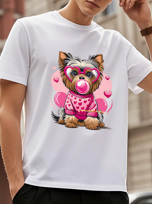 Men's Graphic T-Shirt Valentine Hearts With Playful Yorkie Puppy Wearing Pink Glasses
