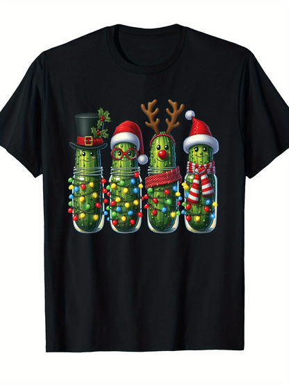 Men's Graphic T-Shirt Christmas Lights With Pickles Wearing Festive Santa Hats And Reindeer Antlers