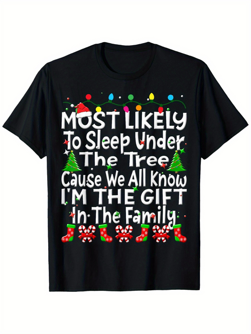 Men's Graphic T-Shirt Most Likely To Sleep Under Christmas Tree With Candy Canes And Gifts