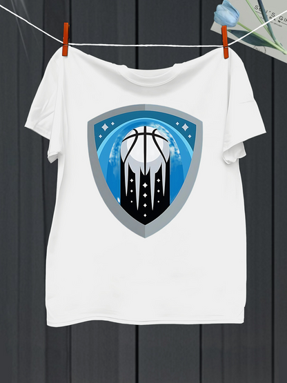 Men's Graphic T-Shirt City Skyline With Blue Shield Basketball Under Starry Night