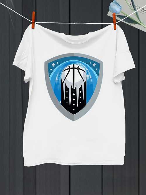 Men's Graphic T-Shirt City Skyline With Blue Shield Basketball Under Starry Night