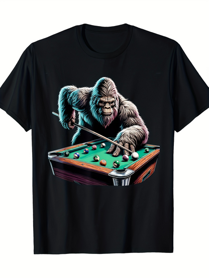 Men's Graphic T-Shirt Playful Gorilla Competing At Billiards Table Under Studio Lighting