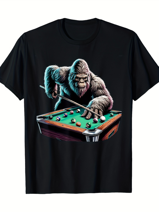Men's Graphic T-Shirt Playful Gorilla Competing At Billiards Table Under Studio Lighting