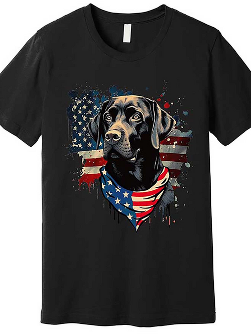 Men's Graphic T-Shirt Patriotic Bandana With American Flag Behind Black Labrador Dog