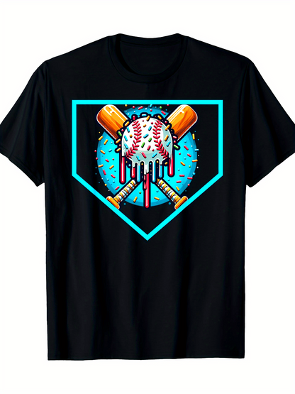 Men's Graphic T-Shirt Vibrant Blue Graphic With Splattered Paint Behind Crossed Baseball Bats And Ball