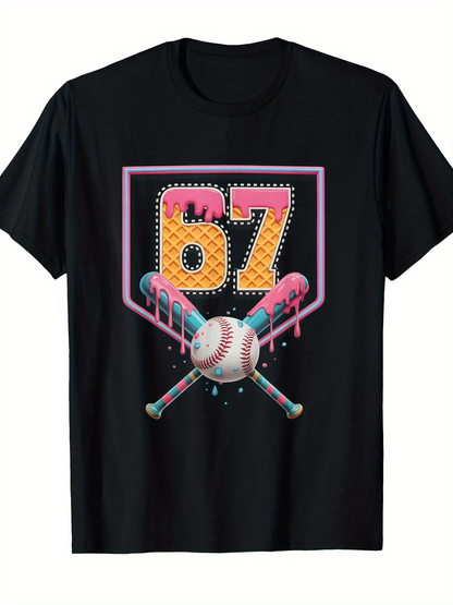 Men's Graphic T-Shirt Colorful Neon Retro Home Plate With Baseball And Crossing Bats