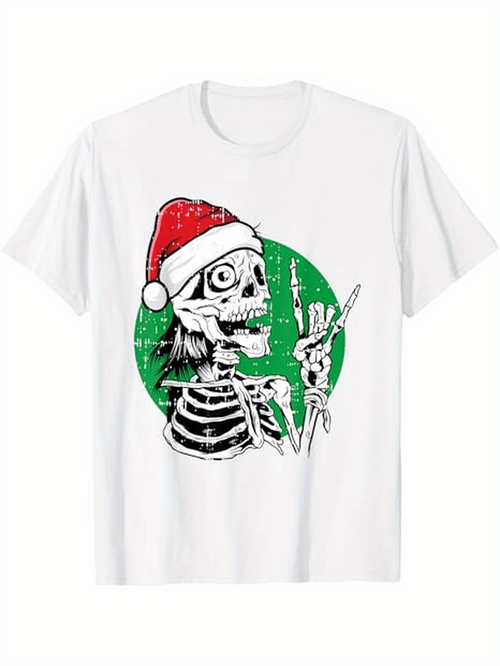 Men's Graphic T-Shirt Retro Christmas Skeleton With Santa Hat Green Grunge Circle Scene