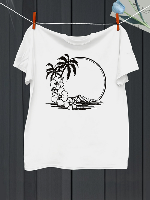 Men's Graphic T-Shirt Tropical Island Flowers With Palms Sunset By Ocean Mountain