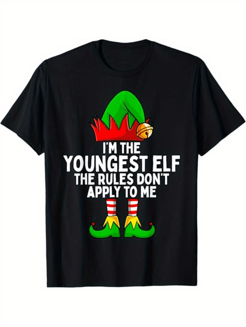 Men's Graphic T-Shirt Im The Youngest Elf Christmas Costume With Hat And Striped Socks Elf