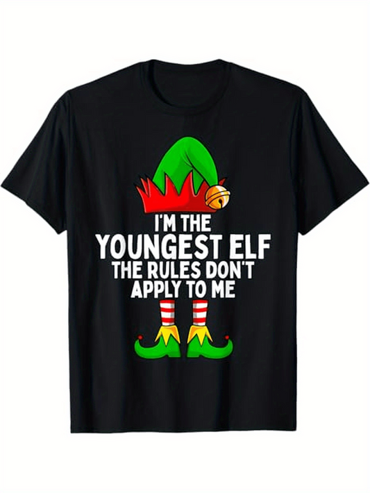 Men's Graphic T-Shirt Im The Youngest Elf Christmas Costume With Hat And Striped Socks Elf