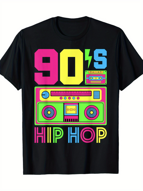 Men's Graphic T-Shirt Nineties Hip Hop Neon Boombox And Cassette Tape Graphic Tee