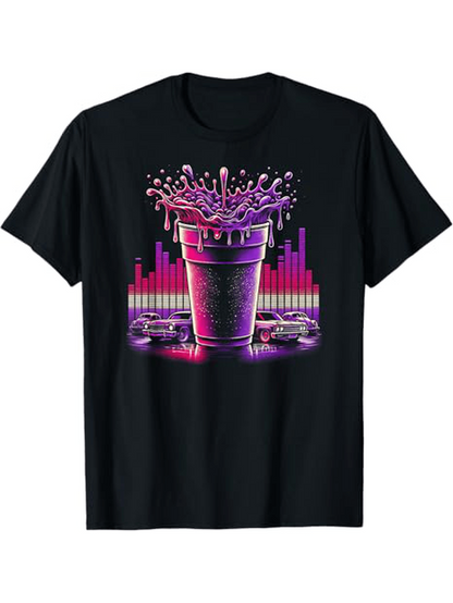 Men's Graphic T-Shirt Neon Lights With Splashing Drink And Retro Cars Nightlife Cup