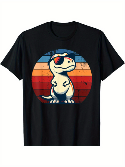 Men's Graphic T-Shirt Retro Sunset Circle With Cool Dinosaur Standing Boldly Dinosaur
